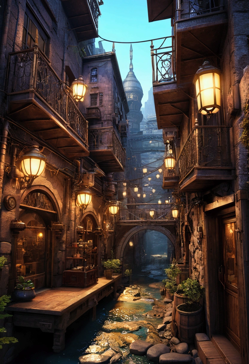 ((masterpiece)),((Highest quality)),((detailsまでこだわった)),((reality的,)) City, There is a deep canyon in the middle, Architecture Street, Bazaar, bridge, gem, steampunk, European architecture,Futuristic street, Cyberpunk atmosphere,neon,Real,reality,detailsまでReal,details,gem