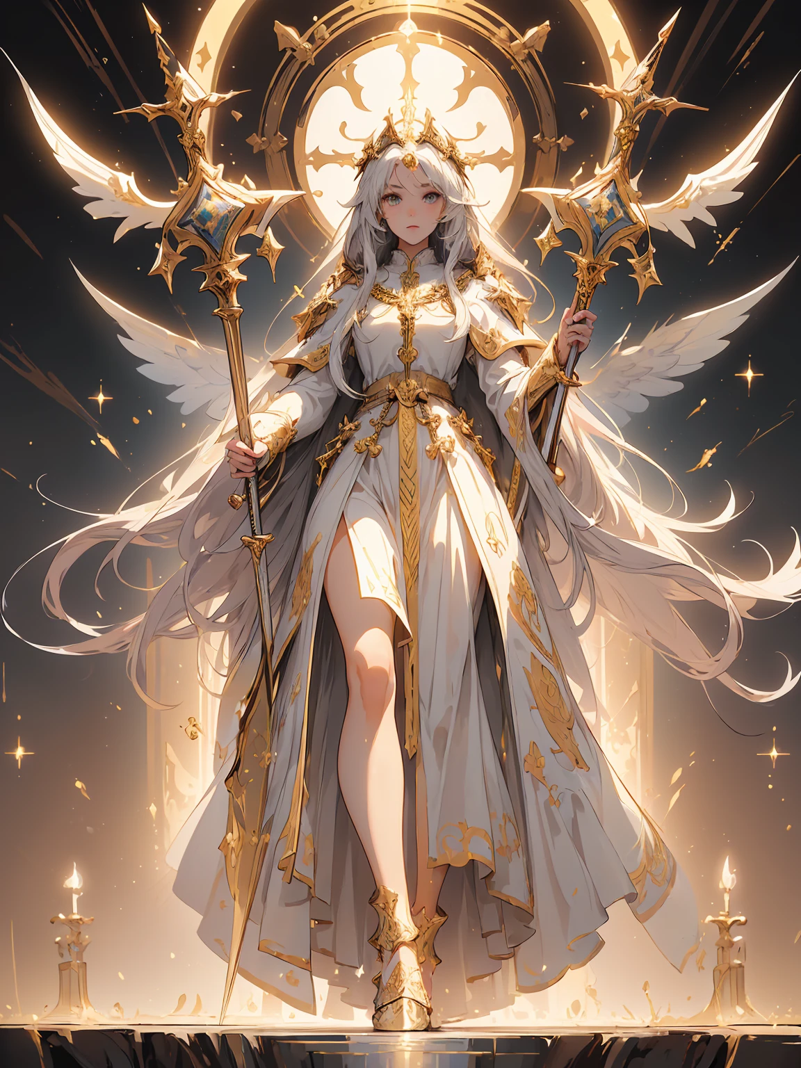 (((masterpiece, best quality, 8k))) Design a layout showcase Gaming character, (1girl),((perfect face, high detailed face)). White+Gold clothes, divine and radiant, ((showcase weapon:1.4)), holy staff, (masterpiece:1.2), (best quality), 4k, ultra-detailed, (Step by step design, layout art:1.5), (heavenly lighting, divine atmosphere), priestess, ((holy gloves)), (((revealing vestments:1.3))), blessed vambraces, golden sandals, (((full_body_shot:1.4)))