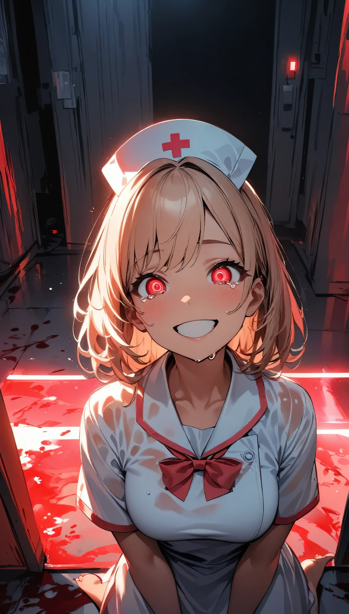 (Highest quality:1.2, Very detailed, up to date, Vibrant, Ultra-high resolution, High Contrast, masterpiece:1.2, Highest quality, Best aesthetics), (((1 girl))), View your audience, In-person audience, barefoot, One Girl, alone, Upper Body, bow, Nurse uniform, Nurse cap, Nurse Costume, Crazy Smile, At night, Isolation ward, Wet clothes, drenched, Scalpel, Tears of Blood, Bloodstain, Dark Room, Blood splattered on the ground, Red bright light, Glowing Eyes, Written boundary depth, Stand still, red lighting, atmosphere, Perfect hands