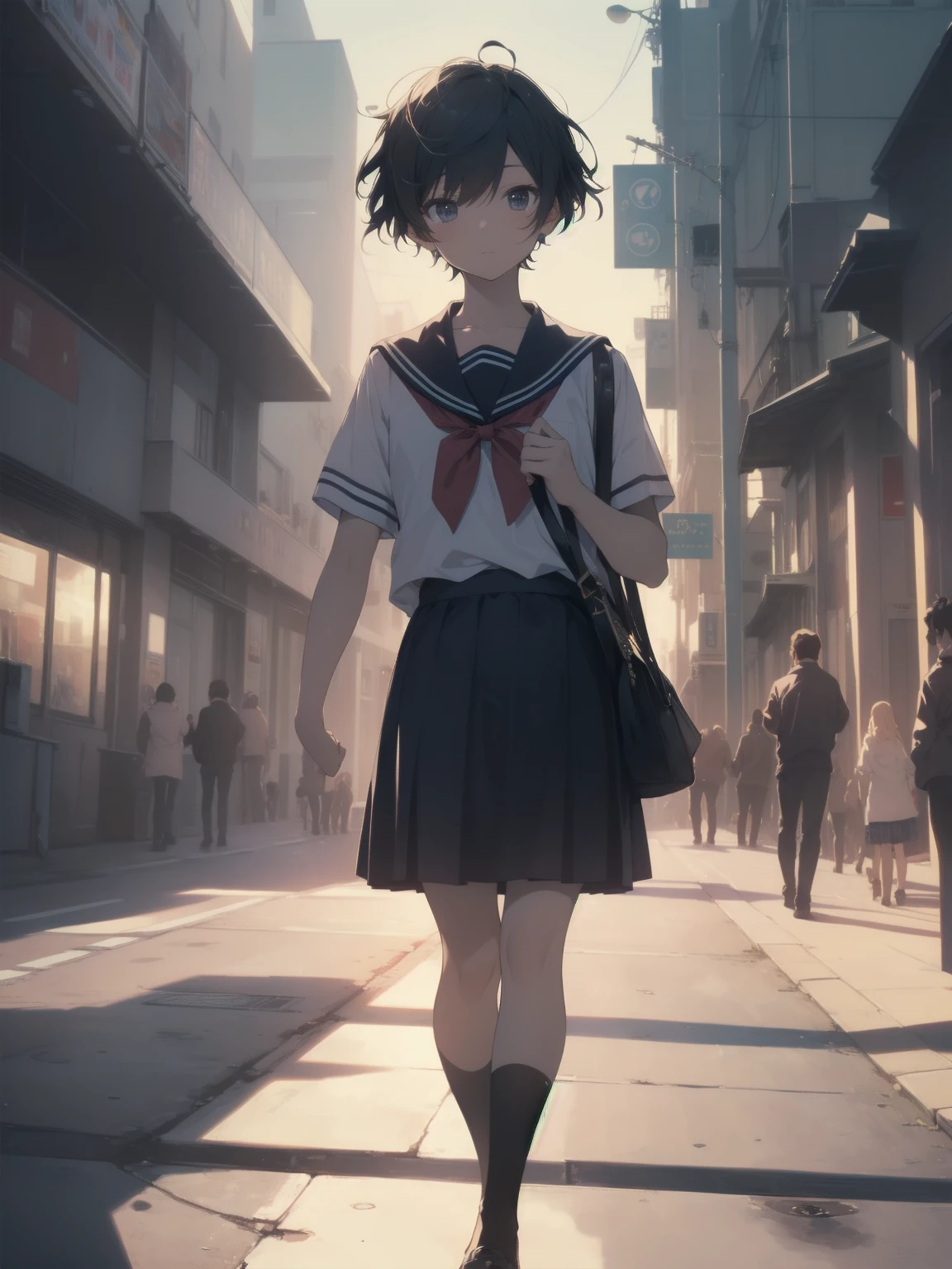 ultra-absurdres-Top quality by artist God, ultra-detailed, high resolution, anime moe artstyle, best anime 8k konachan wallpaper, pixiv contest winner, pool:2810, perfect anatomy,break, 1girl, (Please draw a girl walking sleepily to school alone. )break,(Solo,little female, 13-year-old:1.3),Full limbs, complete fingers,a junior high school student, (very short hair), short cut, flat chest, , small butt, small black eyes, beautiful detailed eyes, well-proportioned iris and pupils, expressive eyes, highres detailed hair, soft expression, salor school_uniform, sailor collar, serahuku, bow, pleated skirt,(Detailed Lighting), (Detailed background), in the School commute route. break,super detailed skin, Best cinematic lighting powered by famous artist, 8k,beauty illustration,photoshop_(medium),very aesthetic,break,((artist:zen_(kamuro) )), artist:clamp ,artist:carnelian ,artist:kantoku ,
