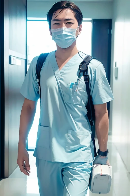 male, alone, (male性看護師), Short sleeve, (Medical scrub), Light blue scrub, Stylish scrubs, Light blue costume, Photo Name Plate, Stethoscope, Medical equipment, Bright hallway, Hospital corridor,Smart Watches, Are standing, Supporting, 