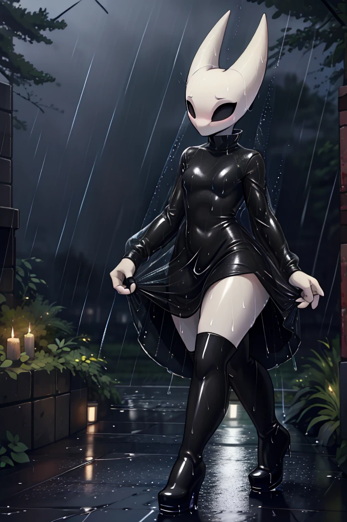 (masterpiece), ((perfect anatomy)), (high Res), (4k), hornet, ((insectoid)), ((segmented body)), ((insect body parts)), black body, (white head), 3 fingers(index, middle and thumps), flat chest, wide hips, (((wet and transparent red long sleeved dress))), (((black high boots))), walking in a forest, (((solo))), narrow waist, (cute artstyle), full body, (((raining))), (((storm))), (((at night))), (((wet))), (((transparente clothing))), in the dark