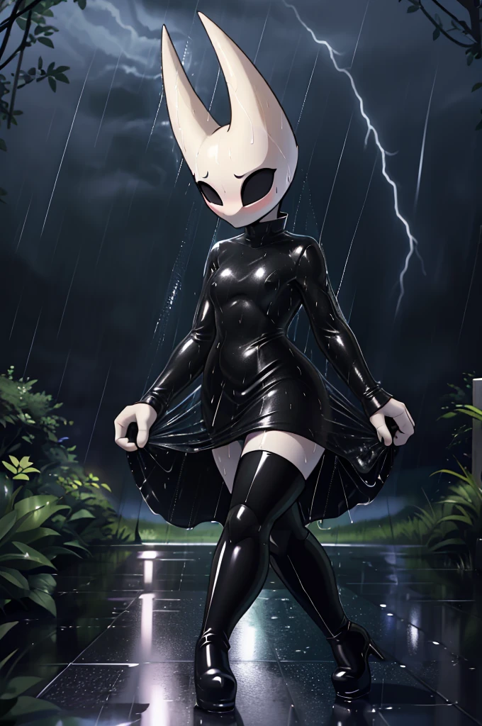 (masterpiece), ((perfect anatomy)), (high Res), (4k), hornet, ((insectoid)), ((segmented body)), ((insect body parts)), black body, (white head), 3 fingers(index, middle and thumps), flat chest, wide hips, (((wet and transparent red long sleeved dress))), (((black high boots))), walking in a forest, (((solo))), narrow waist, (cute artstyle), full body, (((raining))), (((storm))), (((at night))), (((wet))), (((transparente clothing))), in the dark