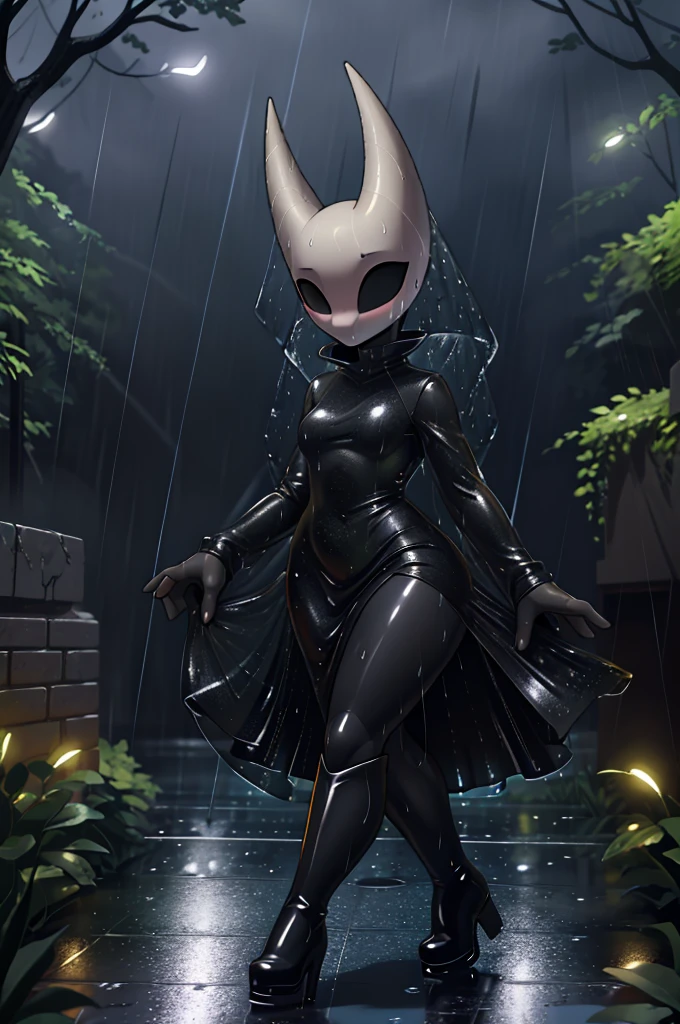 (masterpiece), ((perfect anatomy)), (high Res), (4k), hornet, ((insectoid)), ((segmented body)), ((insect body parts)), black body, (white head), 3 fingers(index, middle and thumps), flat chest, wide hips, (((wet and transparent red long sleeved dress))), (((black high boots))), walking in a forest, (((solo))), narrow waist, (cute artstyle), full body, (((raining))), (((storm))), (((at night))), (((wet))), (((transparente clothing))), in the dark