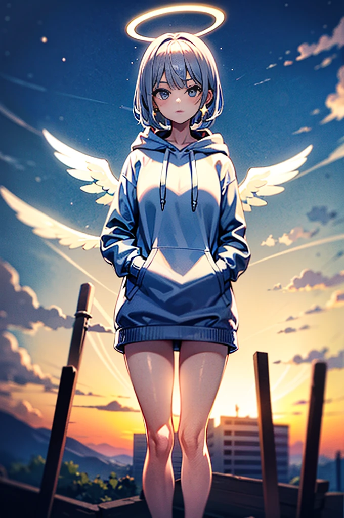 Put your hands in your pockets,Silver Hair,Blue Mesh,Blue eyes,White hoodie,The thighs of both legs are visible,Golden angel halo,One Girl,masterpiece,Highest quality,View your viewers,cute,Star Earrings,No wings