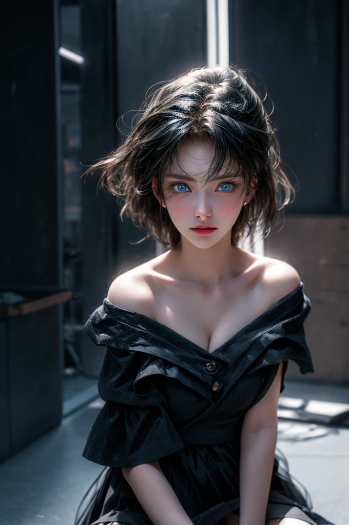 ((Girl in semi-transparent off-shoulder black miniskirt dress))、, (photo realistic:1.4), (hyper realistic:1.4), (realistic:1.3), (smoother lighting:1.05), (increase cinematic lighting quality:0.9),. 32K, 1girl,20yo girl, realistic lighting, backlight, light on face, ray trace, (brightening light:1. 2), (increase image quality:1.4), (highest quality realistic textured skin:1.4),(Big Blue Eyes), finely drawn eyes, finely drawn face, finely textured eyes, (tired, sleepy and satisfied:0.0), close-up of face, shirt with large cleavage visible, (enhance atmosphere of body lines:1.1), (beautiful textured skin:1.1),(Full Body Shot)、