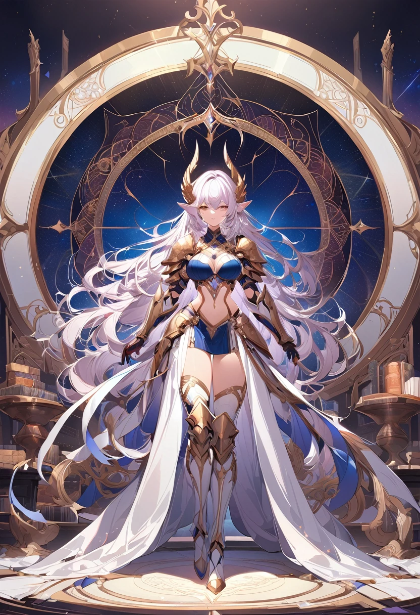(((masterpiece, best quality, high detailed, 4k))) Design a layout showcase Gaming character, (1girl). Purple+Black armor, stylish and unique. ((showcase weapon:1.4)), holy majestic spear. (masterpiece:1.2), (best quality), ultra-detailed. (Step by step design, layout art:1.5), (luminous lighting, atmospheric lighting). arcane elf, ((glove full hands)), (((revealing armor:1.3))), vambraces, armored legwear, (((full_body_shot:1.4))). {In a mystical library}. (zentangle, mandala, tangle, entangle), (fractal art:1.3), maxiskirt, dress conservatively, (elf:1.2), solo, full body, wide shot, standing with white boots, holding spear down, blunt bangs, hair between eyes, white hair, golden eyes, long hair, elf ears, Valkyrie white armor, angel, chest protector, side bang, from front, extra size body, night, mountain, looking at viewer, dynamic pose, art style by Artgerm, by Kawacy, by Wadim Kashin, BREAK, eyelashes, eyeshadow, pink eyeshadow.