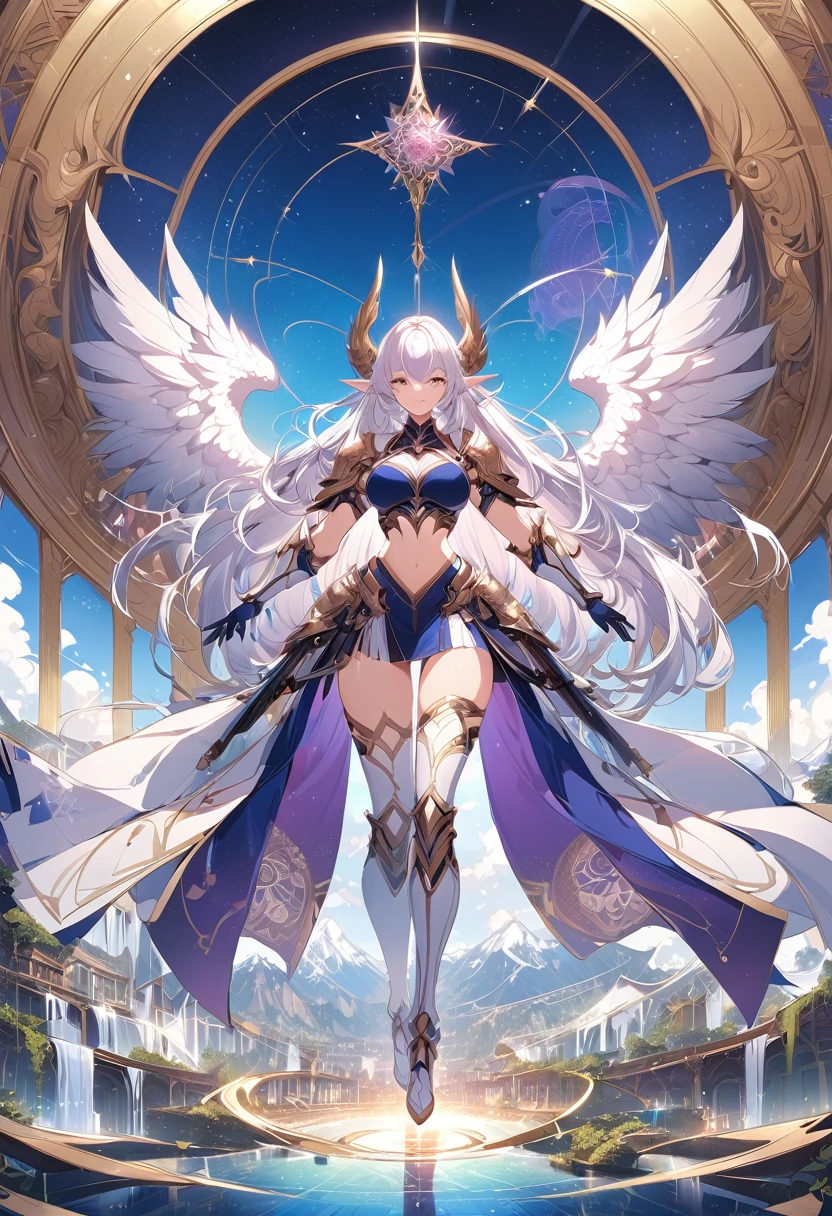 (((masterpiece, best quality, high detailed, 4k))) Design a layout showcase Gaming character, (1girl). Purple+Black armor, stylish and unique. ((showcase weapon:1.4)), holy majestic spear. (masterpiece:1.2), (best quality), ultra-detailed. (Step by step design, layout art:1.5), (luminous lighting, atmospheric lighting). arcane elf, ((glove full hands)), (((revealing armor:1.3))), vambraces, armored legwear, (((full_body_shot:1.4))). {In a mystical library}. (zentangle, mandala, tangle, entangle), (fractal art:1.3), maxiskirt, dress conservatively, (elf:1.2), solo, full body, wide shot, standing with white boots, holding spear down, blunt bangs, hair between eyes, white hair, golden eyes, long hair, elf ears, Valkyrie white armor, angel, chest protector, side bang, from front, extra size body, night, mountain, looking at viewer, dynamic pose, art style by Artgerm, by Kawacy, by Wadim Kashin, BREAK, eyelashes, eyeshadow, pink eyeshadow.
