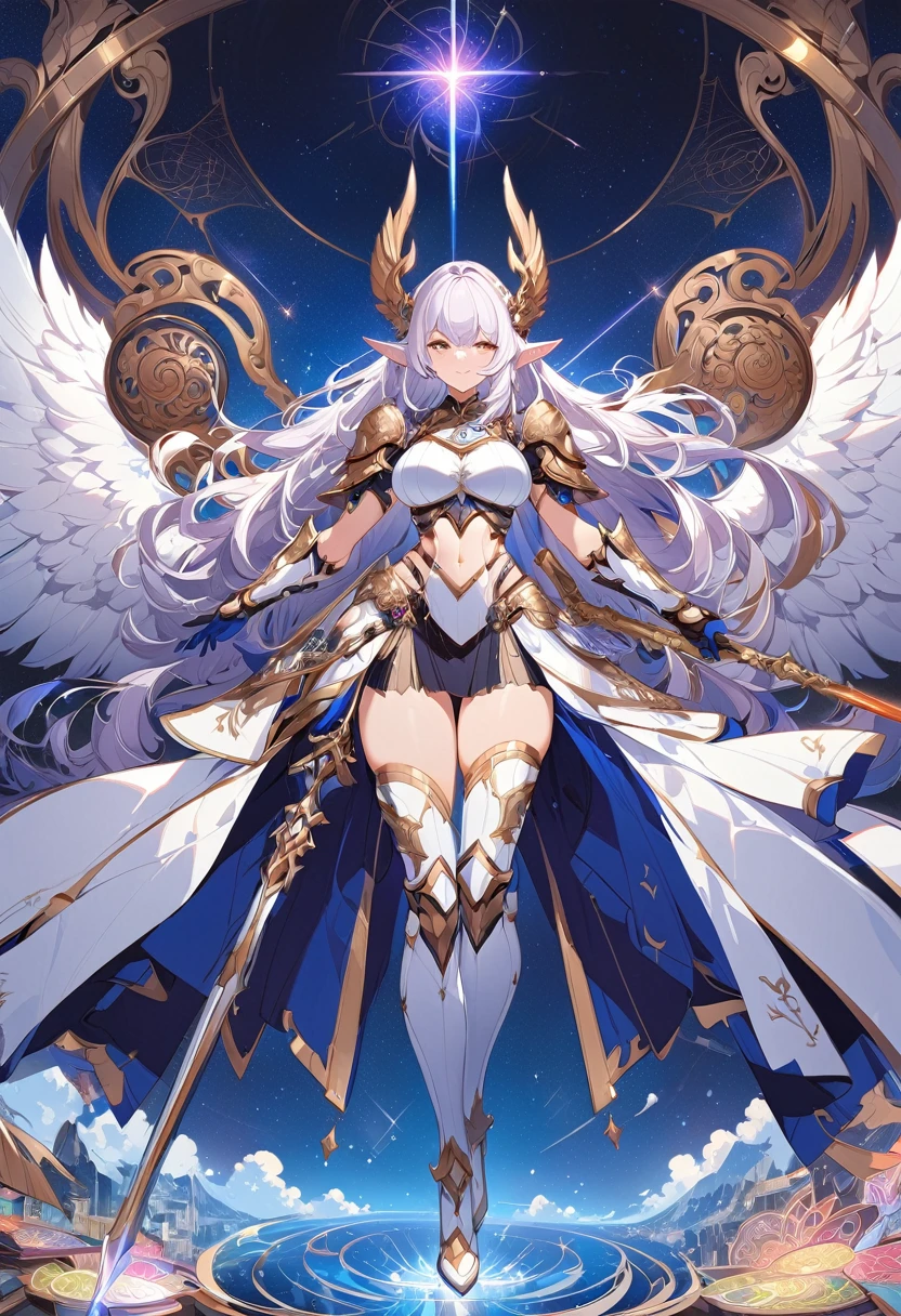 (((masterpiece, best quality, high detailed, 4k))) Design a layout showcase Gaming character, (1girl). Purple+Black armor, stylish and unique. ((showcase weapon:1.4)), holy majestic spear. (masterpiece:1.2), (best quality), ultra-detailed. (Step by step design, layout art:1.5), (luminous lighting, atmospheric lighting). arcane elf, ((glove full hands)), (((revealing armor:1.3))), vambraces, armored legwear, (((full_body_shot:1.4))). {In a mystical library}. (zentangle, mandala, tangle, entangle), (fractal art:1.3), maxiskirt, dress conservatively, (elf:1.2), solo, full body, wide shot, standing with white boots, holding spear down, blunt bangs, hair between eyes, white hair, golden eyes, long hair, elf ears, Valkyrie white armor, angel, chest protector, side bang, from front, extra size body, night, mountain, looking at viewer, dynamic pose, art style by Artgerm, by Kawacy, by Wadim Kashin, BREAK, eyelashes, eyeshadow, pink eyeshadow.