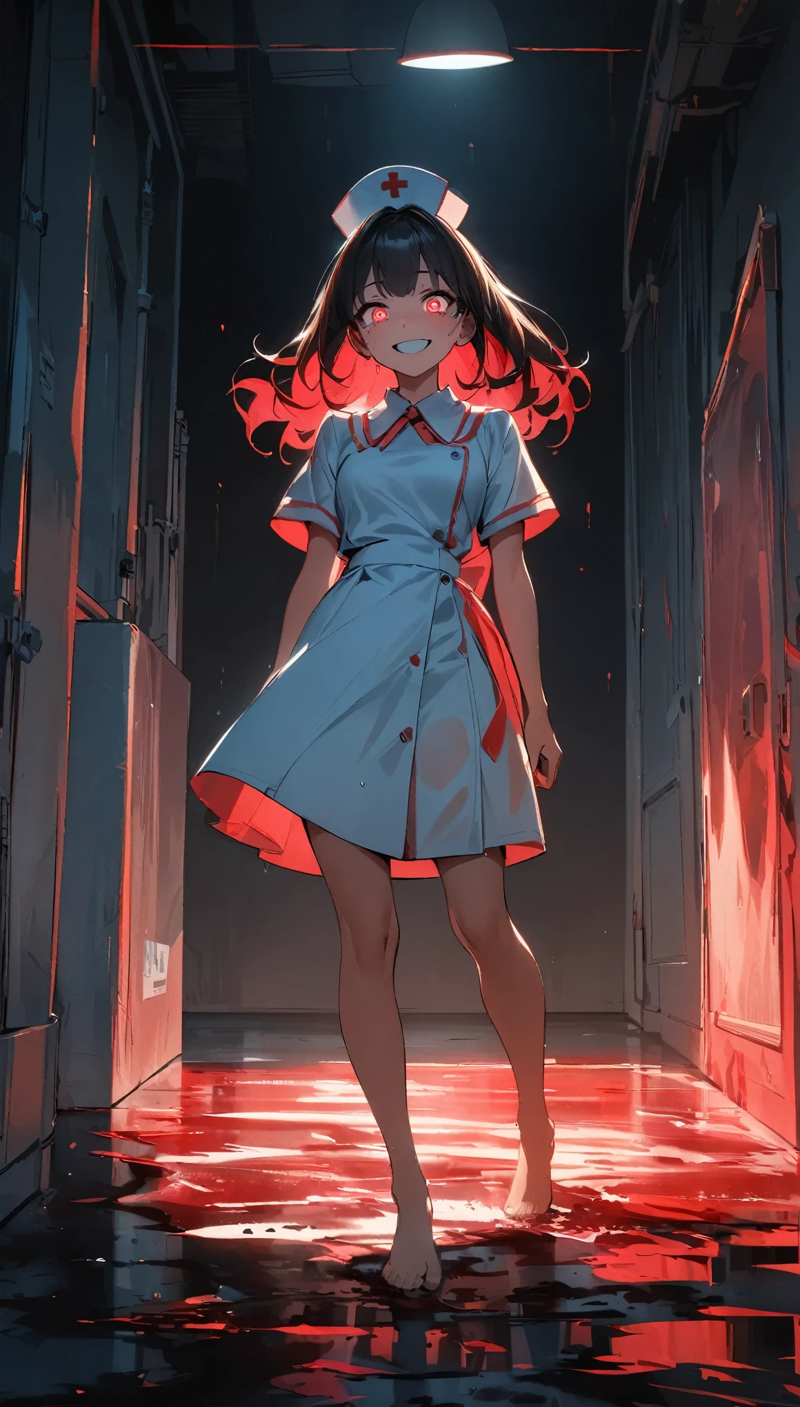 (Highest quality:1.2, Very detailed, up to date, Vibrant, Ultra-high resolution, High Contrast, masterpiece:1.2, Highest quality, Best aesthetics), (((1 girl))), View your audience, In-person audience, barefoot, One Girl, alone, Upper Body, bow, Nurse uniform, Nurse cap, Nurse Costume, Crazy Smile, At night, Isolation ward, Wet clothes, drenched, Scalpel, Tears of Blood, Bloodstain, Dark Room, Blood splattered on the ground, Red bright light, Glowing Eyes, Written boundary depth, Stand still, red lighting, atmosphere, Perfect hands