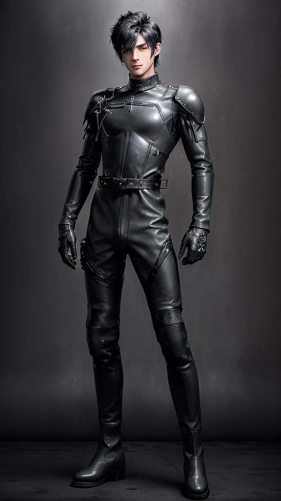 Final fantasy taste and reality graphics, ((Japanese young cute and cool ikemen  boy)), his age is early 20s, thin eyebrows and beady eyes,  ((he wearing dark gray color thick leather coverall battle suit)),((cool battle suit)),((Don't show your bare skin from the head down)),((battle suit is long sleeve)), ((looks like motorcycle suit style coverall battle suit)),((coverall battle dress is long collar )), ((voluminous coverall suit)), ((coverall suit with black waist belt)),((cloudy white color protectors putting on a both forearms,both shoulders,chest,back, and both front of tights.)) ((Coverall suits flank area, put on black parts)), ((put dark black color leather tight and thin glove on both hands)), ((black color leather glove)),((dark black color leather middle length engine boots)),((must views  head-to-toe)),((must views whole body)), ,((Do not show skin from the neck down)),, .((must put on a leather glove)).
Boy is black hair.
Boy in the dim room.