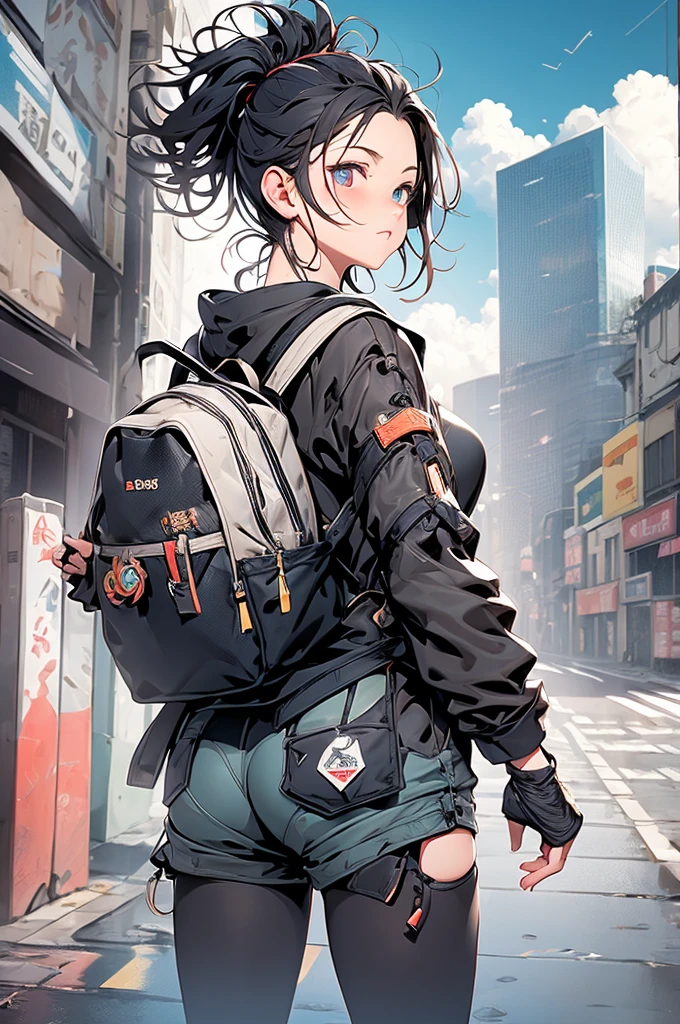 (masterpiece, best quality,ultra highres),
japanese girls standing,cute,
(Cap, tight tee shirt, shorts, Backpack,Cyberblade),(16yo,detailed face,(ponytail hair),dynamic angle,depth of field,portrait,
(Ruined future world,The future ruins of the world),clear blue-sky,