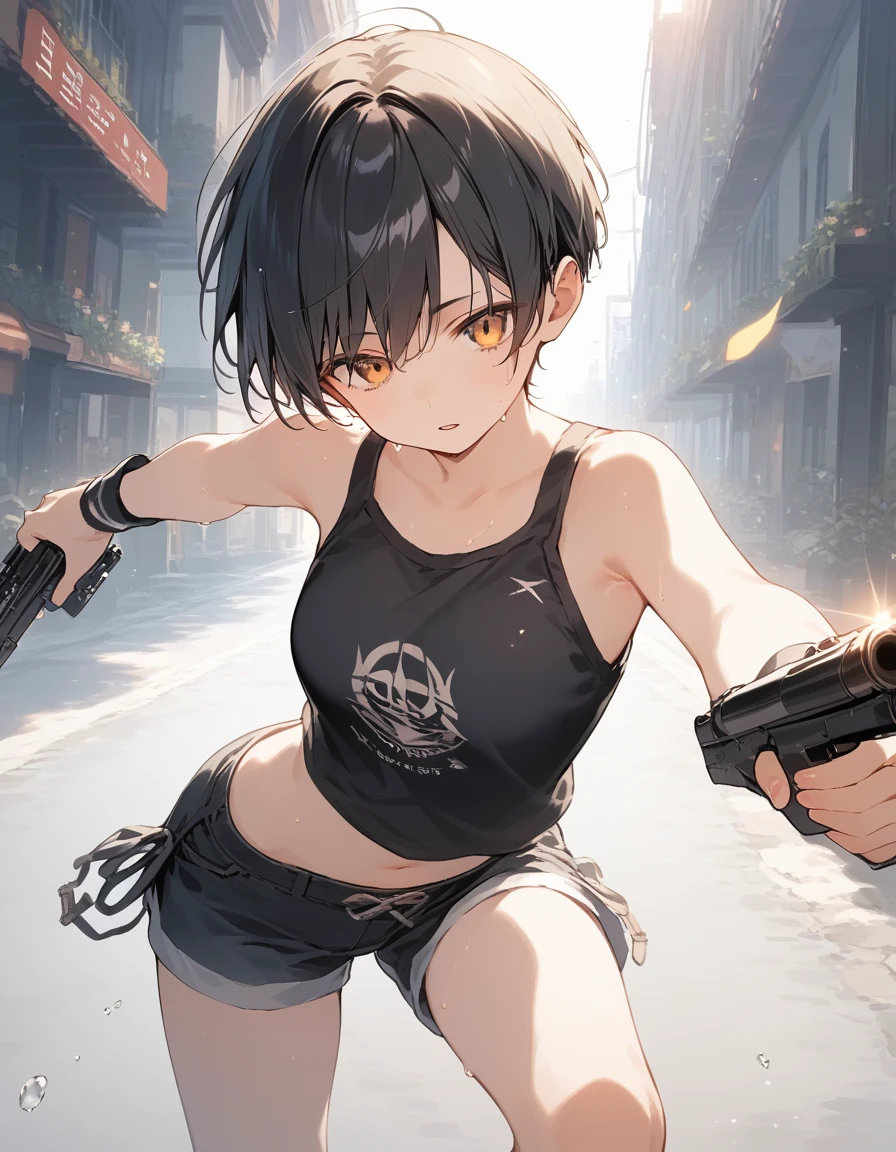 score_9, score_8_up, score_7_up, source_anime, best quality, masterpiece, official art, absurdres, highres, ultra-detailed,waifu2x,Collection: Slice of Life,break,1girl, tomboy, very short hair, pixie cut, breasts, hanme, beautiful detailed eyes, expressionless, shorts, fighting stance, gun, sweat, parted lips, sleepily, outdoors, break,(clear line illustration:1.2), super detailed skin,very high resolution, very aesthetic, Best sexual lighting powered by famous artist, 8k,cute picture,beauty illustration,photoshop_(medium),,(Detailed Lighting),best anime 8k konachan wallpaper, pixiv contest winner,