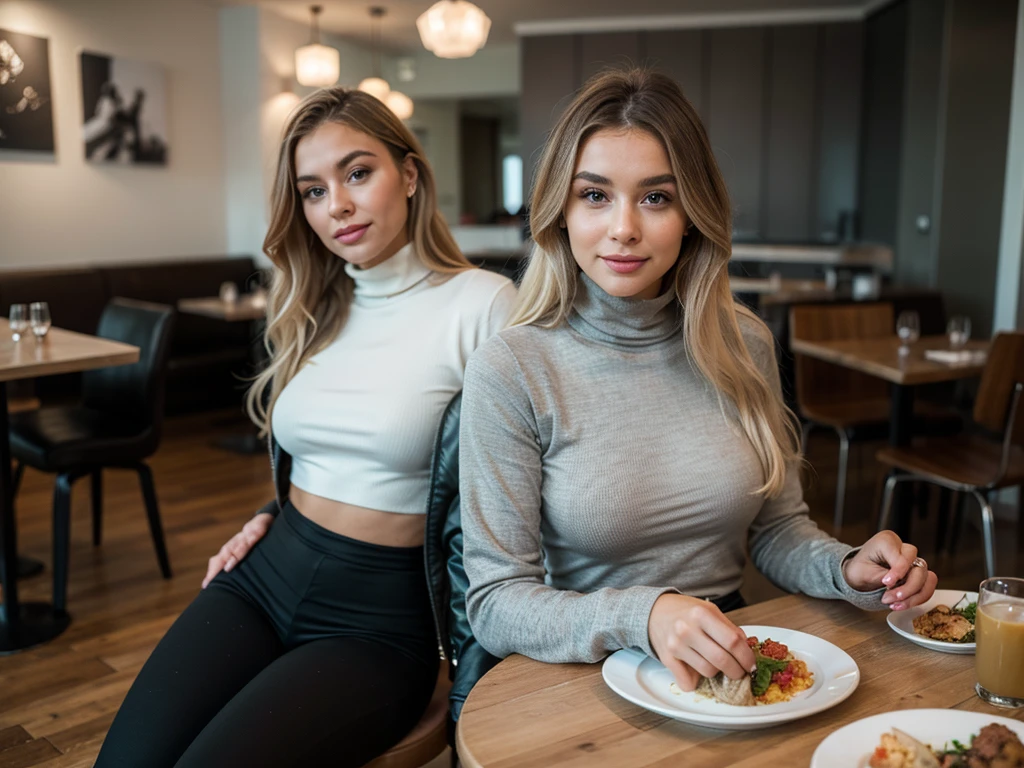 a beautiful woman, platinum blonde hair, in a cold coat, with high neck dress, black pants and boots fashion 2024, posing for a full-length photo on Instagram, healthy and glowing face, happy expression, satisfied with her silky hair and perfect body, posing for a blogger style photo,sitting at the table eating a typical Portuguese dish, she is at the ÀCOSTA restaurant in Lisbon, Portugal, beautiful detailed eyes, beautiful detailed lips, extremely detailed hair, natural dynamic lighting, Vibrant, wavy colors, Day Light, (best quality , 4K , 8k, high resolution, Art -Prime: 1.2), ultra details, (realisitic, fotorrealisitic, fotorrealisitic: 1.37), HDR, ultra HD, studio lighting, ultra-fine painting, sharp focus, Physically based rendering , extremely specific description , proffesional, bright coloured, bokeh, portraits, moderno, dynamic, confident