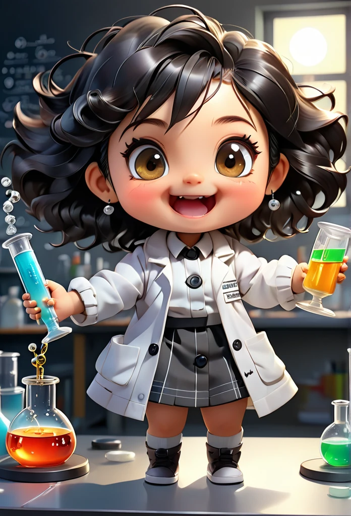 (((Chibi  UHD)))Chemistry  MASCOT and , atoms, Molecules ,Has black hair , Blind box style and model with popular market style, The sunlight shines, , hyper qualit, sharp features, Ultra HD and 8K resolution,Cool Hand Drawn Illustration，fly away (Inside out disgusting), Create a series of best quality cute chibi dolls,ultra details,realisitic,Science Laboratory,Chemical experiment,ultra HD, chemical equipment,scientists working,cups,UHD Bunsen Burner ,Microscope,laboratory glassware,measuring cylinders,labcoats,Round nerd glasses ,science books,Periodic table,scientific research,discoveries,new inventions,innovation,aprendizagem,education,Scientific culture wears coat with details of buttons and brooches , her coat is charming and cute with ultra chemical details ,Curiosidade,Technological advancements,swirly vibrant colors,soft lighting,modern laboratory,nerdy atmosphere,laboratory instruments,hypothesis testing,Scientific method,symbolic representation,Critical thinking,experiments ,precision,precision,Intricate details,impressive scientific setup,natural elements,exploration of the mysteries of science,unlocking the secrets of nature. Babybi is happy and excited, remember to use chemical laboratory glassware, The chalkboard behind the cute chibi baby is written the structure of caffeine in white chalk 18K UHDBlack hair, very long hair, American propaganda poster, shine light, 3D rendering, Riso, 