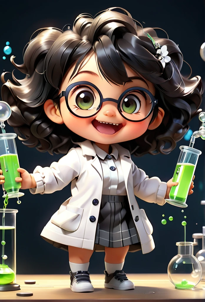 (((Chibi  UHD))) yang08k UHD, Chemistry permaneça com suas carateristícas originais (seus olhos sao cor de mel, usa oculos ) (chibi nao usa brincos)MASCOT and , atoms, Molecules ,Has black hair , Blind box style and model with popular market style, The sunlight shines, , hyper qualit, sharp features, Ultra HD and 8K resolution,Cool Hand Drawn Illustration，fly away (Inside out disgusting), Create a series of best quality cute chibi dolls,ultra details,realisitic,Science Laboratory,Chemical experiment,ultra HD, chemical equipment,scientists working,cups,UHD Bunsen Burner ,Microscope,laboratory glassware,measuring cylinders,labcoats,Round nerd glasses ,science books,Periodic table,scientific research,discoveries,new inventions,innovation,aprendizagem,education,Scientific culture wears coat with details of buttons and brooches , her coat is charming and cute with ultra chemical details ,Curiosidade,Technological advancements,swirly vibrant colors,soft lighting,modern laboratory,nerdy atmosphere,laboratory instruments,hypothesis testing,Scientific method,symbolic representation,Critical thinking,experiments ,precision,precision,Intricate details,impressive scientific setup,natural elements,exploration of the mysteries of science,unlocking the secrets of nature. Babybi is happy and excited, remember to use chemical laboratory glassware, The chalkboard behind the cute chibi baby is written the structure of caffeine in white chalk 18K UHDBlack hair, very long hair, American propaganda poster, shine light, 3D rendering, Riso, 