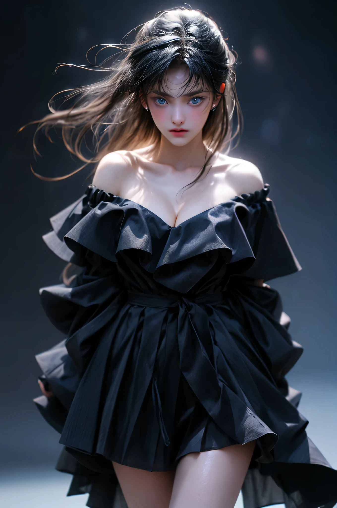 ((Girl in semi-transparent off-shoulder black miniskirt dress))、, (photo realistic:1.4), (hyper realistic:1.4), (realistic:1.3), (smoother lighting:1.05), (increase cinematic lighting quality:0.9),. 32K, 1girl,20yo girl, realistic lighting, backlight, light on face, ray trace, (brightening light:1. 2), (increase image quality:1.4), (highest quality realistic textured skin:1.4),(Big Blue Eyes), finely drawn eyes, finely drawn face, finely textured eyes, (tired, sleepy and satisfied:0.0), close-up of face, shirt with large cleavage visible, (enhance atmosphere of body lines:1.1), (beautiful textured skin:1.1),(Full Body Shot)、