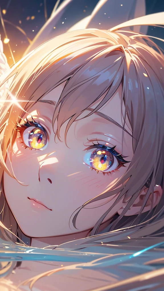 A close-up illustration of an angel's face, with a particular focus on the eyes. The eyes should be depicted with a glass-like beauty, capturing the delicate reflections of fireworks. Each spark and color from the fireworks should be reflected in the angel's eyes, enhancing their depth and radiance. The face should be ethereal and serene, with a soft and luminous glow. The overall scene should emphasize the intricate details of the eyes and the reflection, creating a stunning and mesmerizing image. Ensure the image is of the highest quality, capturing the fantasy and beauty of the moment.