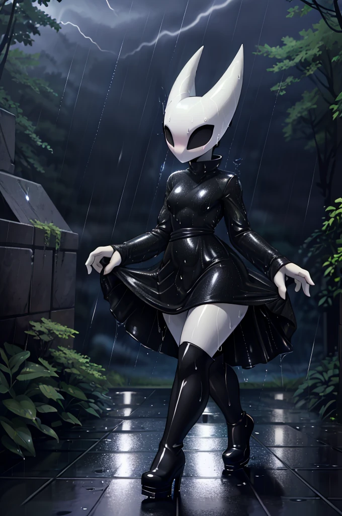 (masterpiece), ((perfect anatomy)), (high Res), (4k), hornet, ((insectoid)), ((segmented body)), ((insect body parts)), black body, (white head), 3 fingers(index, middle and thumps), flat chest, wide hips, (((wet red long sleeved dress))), (((black high boots))), walking in a forest, (((solo))), narrow waist, (cute artstyle), full body, (((raining))), (((storm))), (((at night))), (((wet))), in the dark