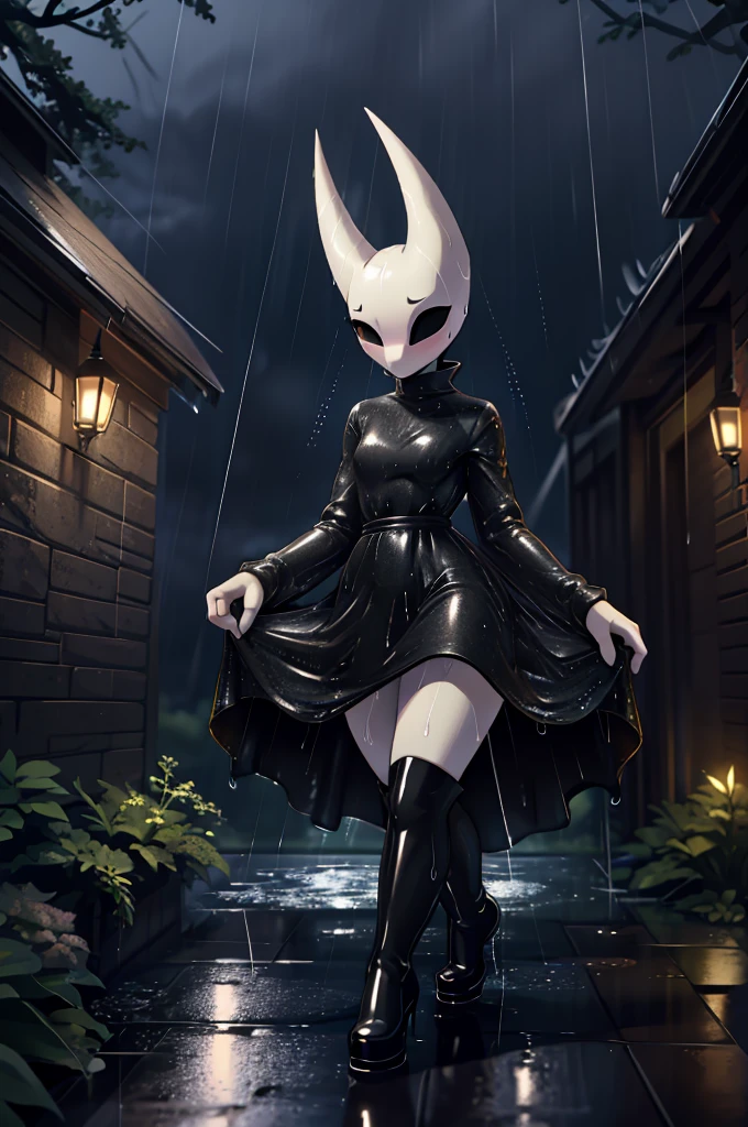 (masterpiece), ((perfect anatomy)), (high Res), (4k), hornet, ((insectoid)), ((segmented body)), ((insect body parts)), black body, (white head), 3 fingers(index, middle and thumps), flat chest, wide hips, (((wet red long sleeved dress))), (((black high boots))), walking in a forest, (((solo))), narrow waist, (cute artstyle), full body, (((raining))), (((storm))), (((at night))), (((wet))), in the dark