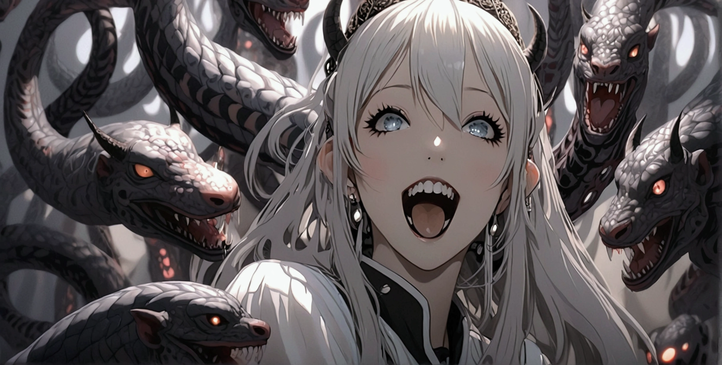 anime devil girl, long white hair and a big smile 