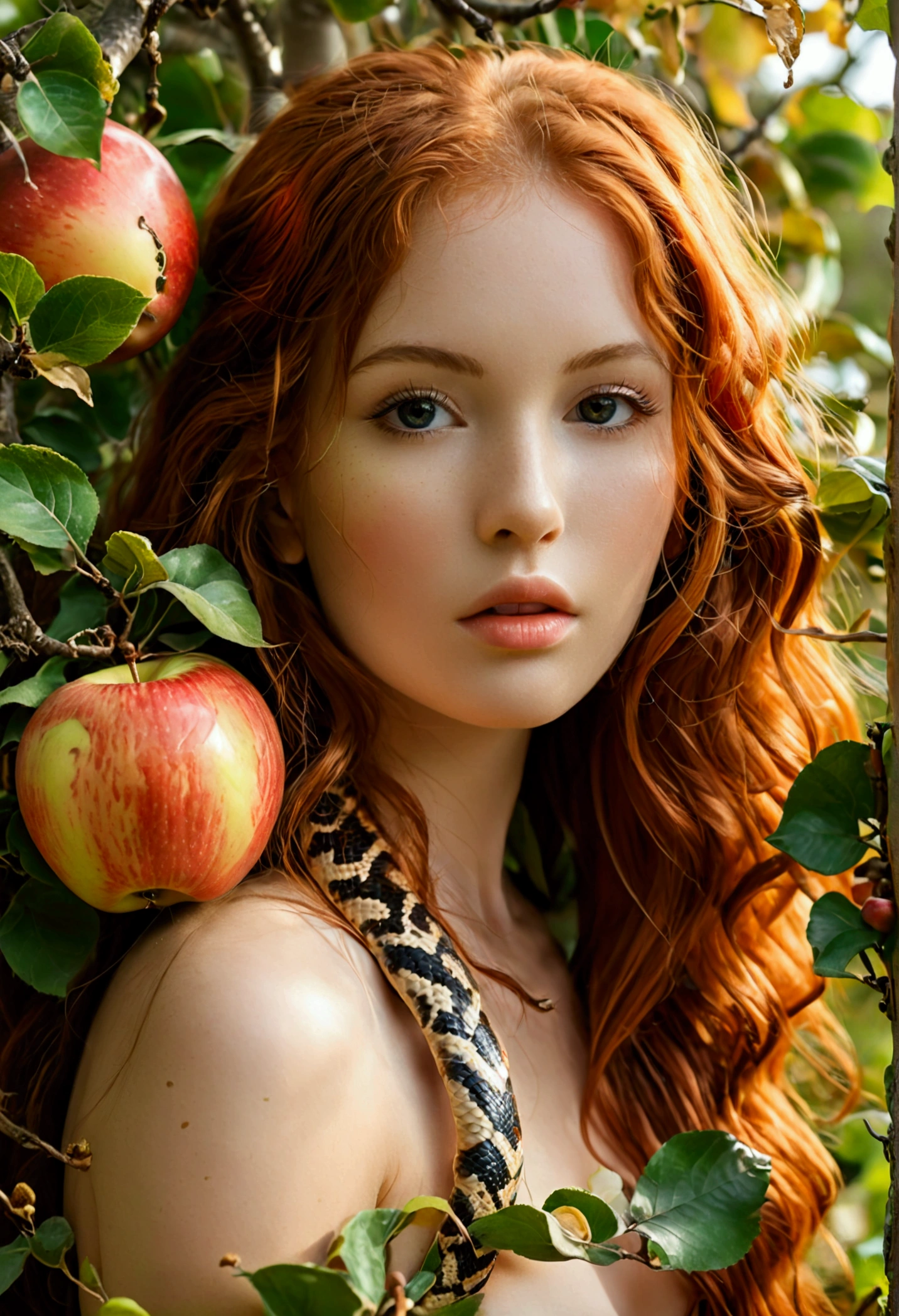 ultra realistic, photography, long red hair, girl, 24 years old, hourglass figure, perfect body, Flirty look, natural breasts, blur background, in paradise, nude but covered with leaves, holding an apple in her hand, near an apple tree, a snake comes out of the tree, full body (full body) (wide angle)