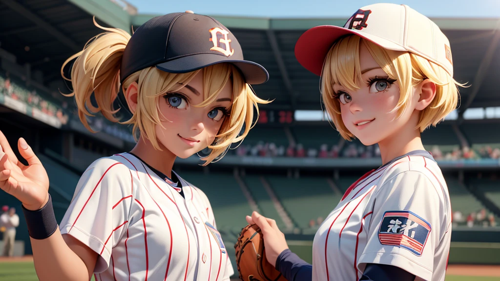 Two female baseball players are playing baseball at Koshien Stadium。Blonde Short Hair。smile、front。Tigers uniform
