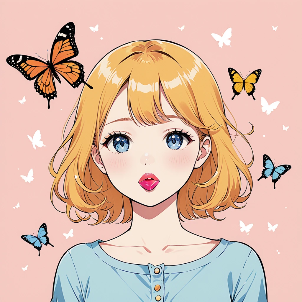 One girl， Gummy gum and butterfly，In the style of Jean Julien，cute，Minimalist Style