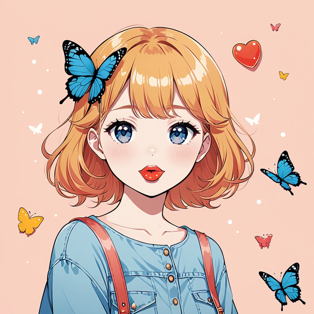 One girl, Gummy gum and butterfly,In the style of Jean Julien,cute,Minimalist Style