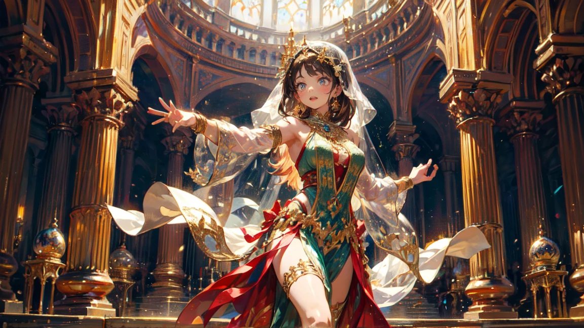 A beautiful woman in an elaborate, gold and emerald outfit similar to traditional Arabian or Persian attire, dancing in front of a majestic palace. The palace features intricate architecture with domes and arches, reflecting the splendor of ancient Arabian or Persian design. The woman has long, flowing dark hair adorned with gold jewelry and a confident expression. Her face is partially covered by a delicate face veil, revealing only her expressive eyes. Her attire includes intricate patterns and details, capturing the essence of Arabian or Persian culture. The overall atmosphere should be both regal and captivating, with the woman's graceful dance movements adding to the scene's elegance and charm.