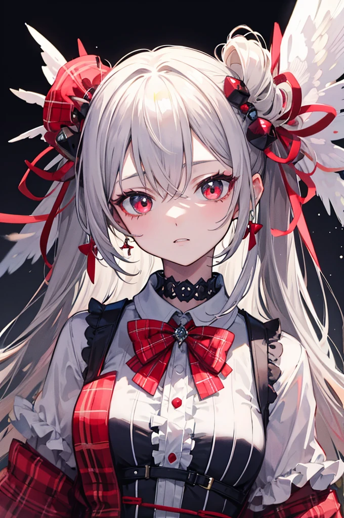 vampire, tooth, Plaid Dresses, bow, changeta fashion, changeta style, Anime Girl Cosplay, change, cute, Cute as an angel, , portrait of changeta girl, Red plaid, 2k, 2000, Emo Style, fringe faction, Red plaid, Mine Girl, Harajuku Style, Exaggerated clothing, Intricate decoration, Rock Style, Gothic style
