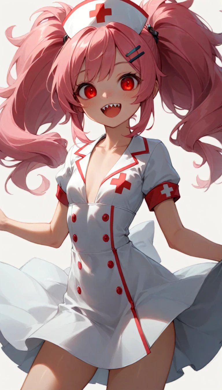 Beauty caretaker 、Nurse uniform、Highest quality、masterpiece、One Girl、22 years old、White skin、Wicked Smile:0.8、Open your mouth、Sharp teeth、Pink Hair。Twin tails、Hair Clip、big hair clip、Cute Hair Clips、Grey Eyes、Small red cheeks and nose、Flat Chest、Small breasts、Small breasts、Dead Eyes、Dead Man&#39;s Eyes、break、Beauty caretaker 、