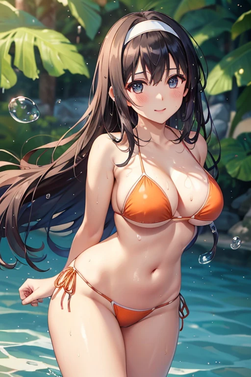 Poetry of the Hills、Shiny black hair, Long Hair, (Beautiful brown eyes、Sparkling eyes, Fine grain、White horseshoe headband)、smile、Super detailedな目、Highly detailed face, Highly detailed eyes, 

(masterpiece, Highest quality, Super detailed:1.4), (masterpiece), (Highest quality), (beautiful目と顔), (Perfect female body), (Glowing Skin), Cowboy Shot, 


 ((Orange Bikini)),, Volumetric lighting, shape, blue eyes,beautiful, tight ,(Wet:1.2), Wet thighs,blush, chest, Show Viewer, ,alone, Curved body,Underwater, flower柄プリント, , Be confident, 魅惑的なsmile, (Place your arms behind your back, Tilt your head:1.1), Heart Pendant,Perfect lighting, Perfect Shadow, flower, (Nice views:1.1), wood, blush,(Her hair is fluttering in the wind:1.3),(Detailed Hair),Water spray,(Splashes and drops:1.3),(Motion Blur:1.3), Open your mouth 

