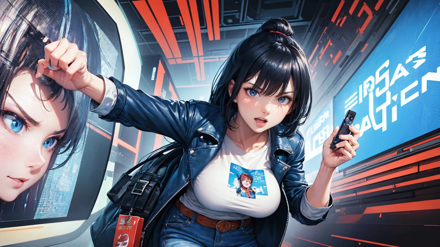 A woman with an angry face holding her phone in front of multiple trading charts, with bitcoin coins flying around and social media icons in the background, wearing blue jeans and a white shirt. The art is in the colorful cartoon style of cyberpunk and hyper-detailed illustrations, with a colorful caricature poster art style and vibrant comic book cover style. It is presented in high resolution