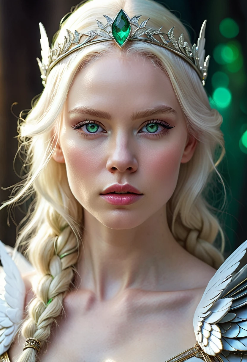 In fantastic art and with spiritual lights, realistic close-up portrait of a beautiful and beautiful albino Valkyrie warrior, snow-white skin, VERY PALE, fierce and wild face, but beautiful, 35 years old, from her body emanates an aura of strong glowing violet light. Her strong, proud, wild and solemn features are accentuated by her blond, golden, braided hair, adorned with a winged tiara on her head, her pupil-less emerald green eyes shine with strength and courage. The image, centered on the canvas, shows perfect facial proportions and beauty, with pastel colors, contrasts of light and shadow, and a realistic style that exudes beauty and detail. The image captures her in a pose that suggests she is ready to embark on a journey. The overall mood is one of solemnity, seriousness and strength. Her stern expression stands out.