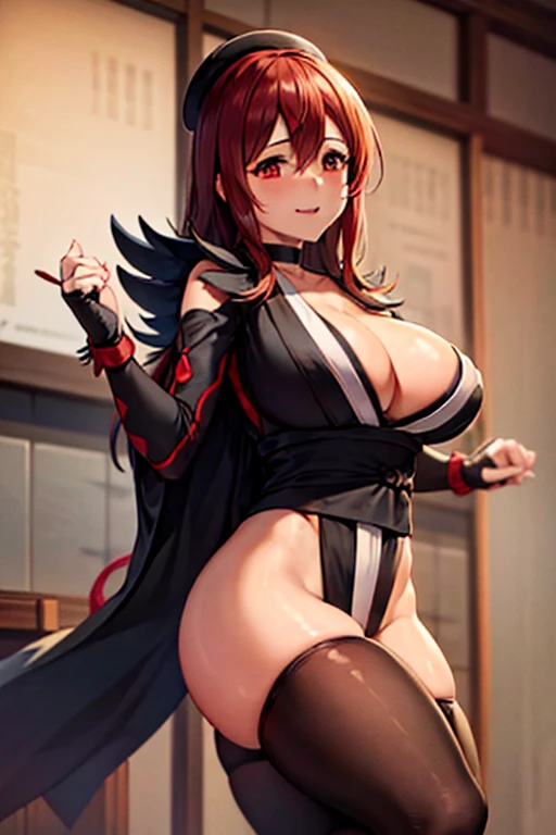 masterpiece, high resolution, best quality, rendered art, beautiful art, well formed fingers and hands, 1 woman, Maou ,hair ornament ,adult, grown up, 31 years old, large and round breasted, cleavage, full body, wearing a Iroha Samurai Spirits cosplay, Iroha_Samurai_Spirits_cosplay, maid hat, choker, fingerless gloves, black tights, sexy and skimpy kimono, pelvic curtain, white maid uniform,fighting in a combat match, showing her fighting skills, making her guard, about to hit the viewer, looking at the viewer, sweating, bouncing breasts, smiling joyfully and brightly, being confident and proud, action and fighting scene, fighting cage on beach environment.