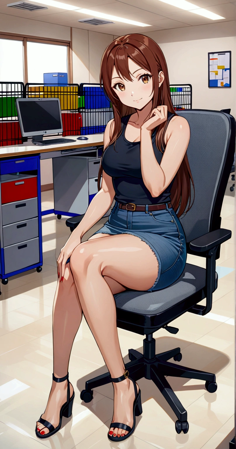 anime of beauty hr manger, she 's sitting on chair, at office room, (brown long straight hair woman), (wearing black singlet, denim pencil mini skirt), (1girl, solo, full body), (masterpiece, best quality, japanese anime style)