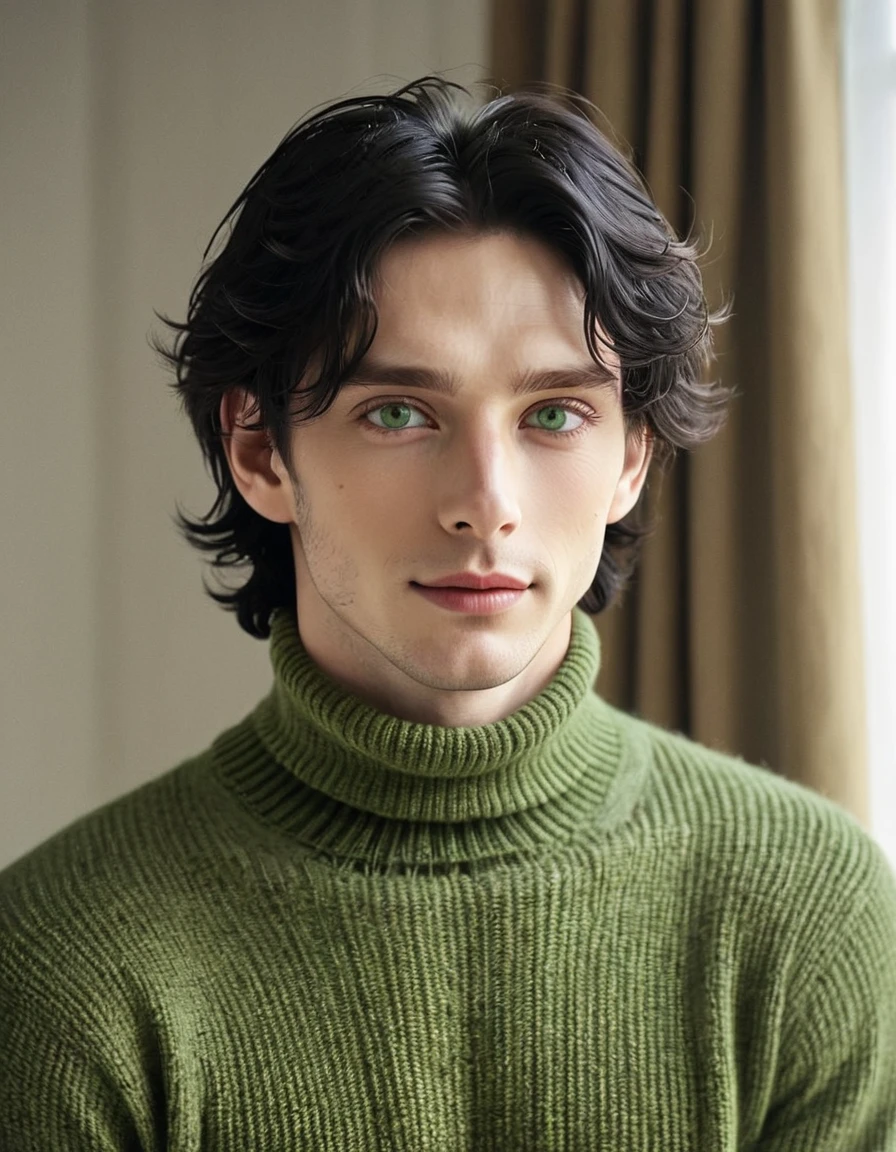 (best quality), 1boy, pale skin, black hair, medium hair, curtain hair, tousled hair, green eyes, perfect eyes, dark circles under eyes, lanky body, handsome, strong jawline, lazy, light smile, attractive, turtleneck sweater, masterpiece, anatomically correct, highres
