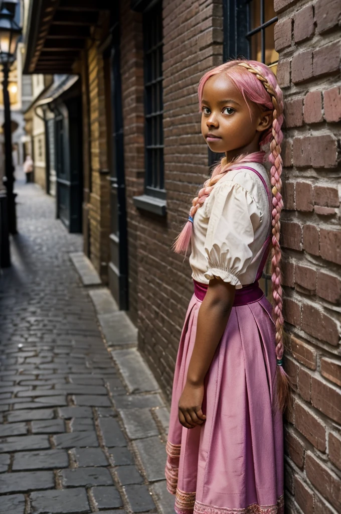  with golden eyes and bright pink hair in a single side braid, Dark skin, wearing a 19th century peasant skirt, in Diagon Alley from Harry Potter 