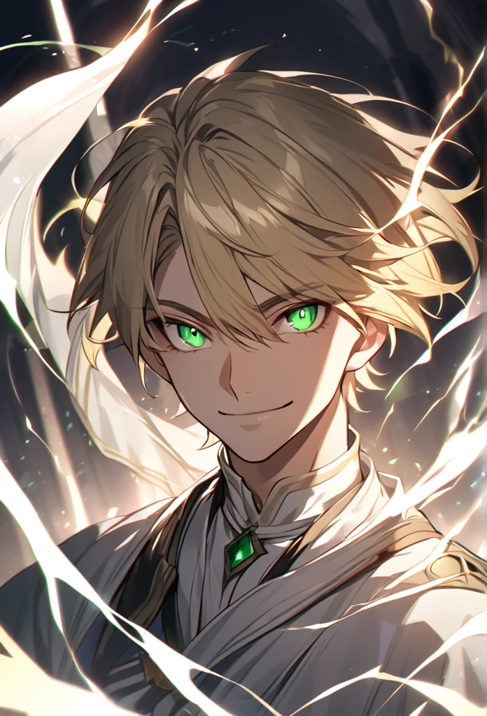 handsome, solo, 1 male, short hair, blonde hair, sharp eyes, green eyes, white clothes, lighting, fantasy, smile facial, orelhas de elfo