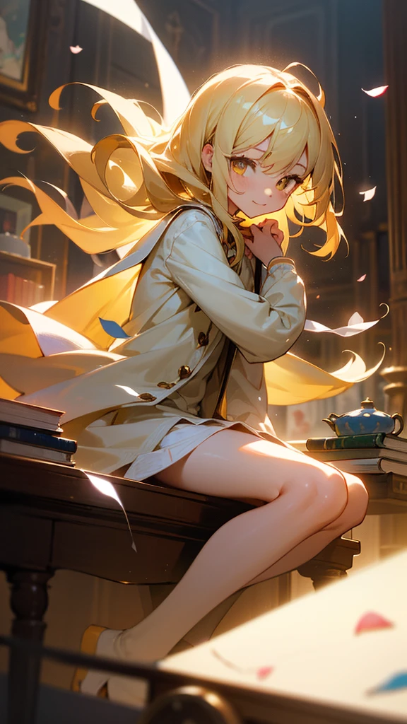 {best quality}, {{masterpiece}}, {highres}, extremely detailed girl, illustration, solo, sharp focus, {{{character{{{1 girl}}}}}}, solo, light smile, closed mouth, {{{beautiful detailed eyes}}}, yellow eyes, {{{{{looking at viewer}}}}},{{{{{sharp focus}}}}}, {}, {{{{{masterpiece illustration}}}}},full body, normal angle, shiny hair, {{{permed hair}}}, {blonde hair}, sitting, modern, {{messy room}}, {{books}}, tea set, light particles, rose petals, glowing light, lens flare, {{{{{wind blowing}}}}}, hugging own legs