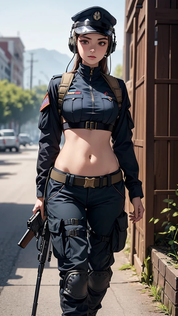 a woman in a black outfit holding a rifle and wearing headphones, (cap), 24-year-old woman military girl, beautiful female soldier, female lead character, infantry girl, solo female character, combat gear, ((showing navel)), exposed abdomen area, dressed in tactical armor, guarding, cargo pants,