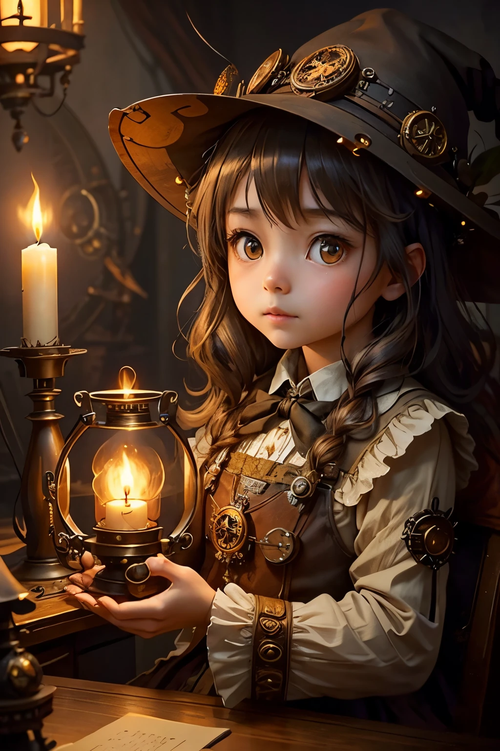 (Highest quality:1.2)。steampunkai。One Girl。Little cute girl。steampunk witch。long light brown fluffy hair。Candles on an old desk。Staring at the candle flame。whisper a spell into the candle flame。A look of expectation。The background is inside the witch's house。