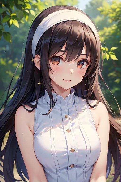 Poetry of the Hills、Shiny black hair, Long Hair, (Beautiful brown eyes、Sparkling eyes, Fine grain、White horseshoe headband)、smile、Super detailedな目、Highly detailed face, Highly detailed eyes, 

(masterpiece, Highest quality, Super detailed:1.4), (masterpiece), (Highest quality), (Beautiful eyes and face), (Perfect female body), (Glowing Skin), Cowboy Shot, 

young woman、smile、((ストレートLong Hair))、blush、((masterpiece、High resolution、16K))、((sleeveless white mini dress))、(Very close:1.5)、Forest Park(Focus on the upper body:1.5)、((Wave to me))