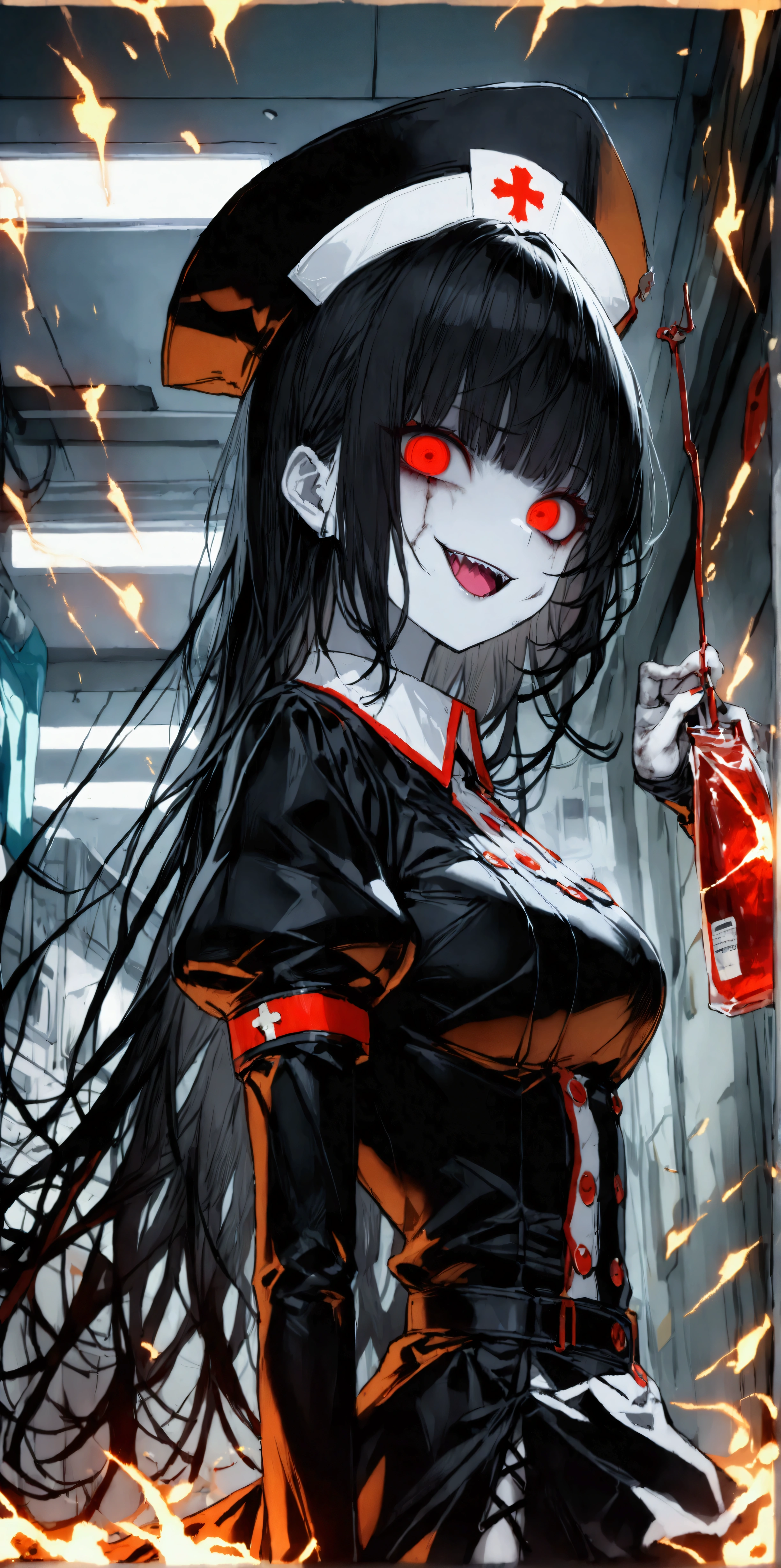 
quality\(masterpiece, best quality,8k,wallpaper of extremely detailed CG unit,hight resolution,top-quality,top-quality real texture skin,hyper realisitic,increase the resolution,RAW photos,best qualtiy,highly detailed,the wallpaper\), BREAK ,1girl\(20 years old,long black hair,dark nurse,(black nurse costume),(black nurse hat),pantyhose,red eye,big eyes,eye shining,holding blood bag,evil,(evil smile:1.3),sharp teeth,open mouth,full body, luscious body,white skin,pale skin\), BREAK ,background\(ruined hospital,sparks of the electric,(very dark:1.5),dirty, messed,(in operation room:1.3),night\),(dynamic angle:1.3),dynamic pose,long shot,landscape,[horror:2.0],gothic