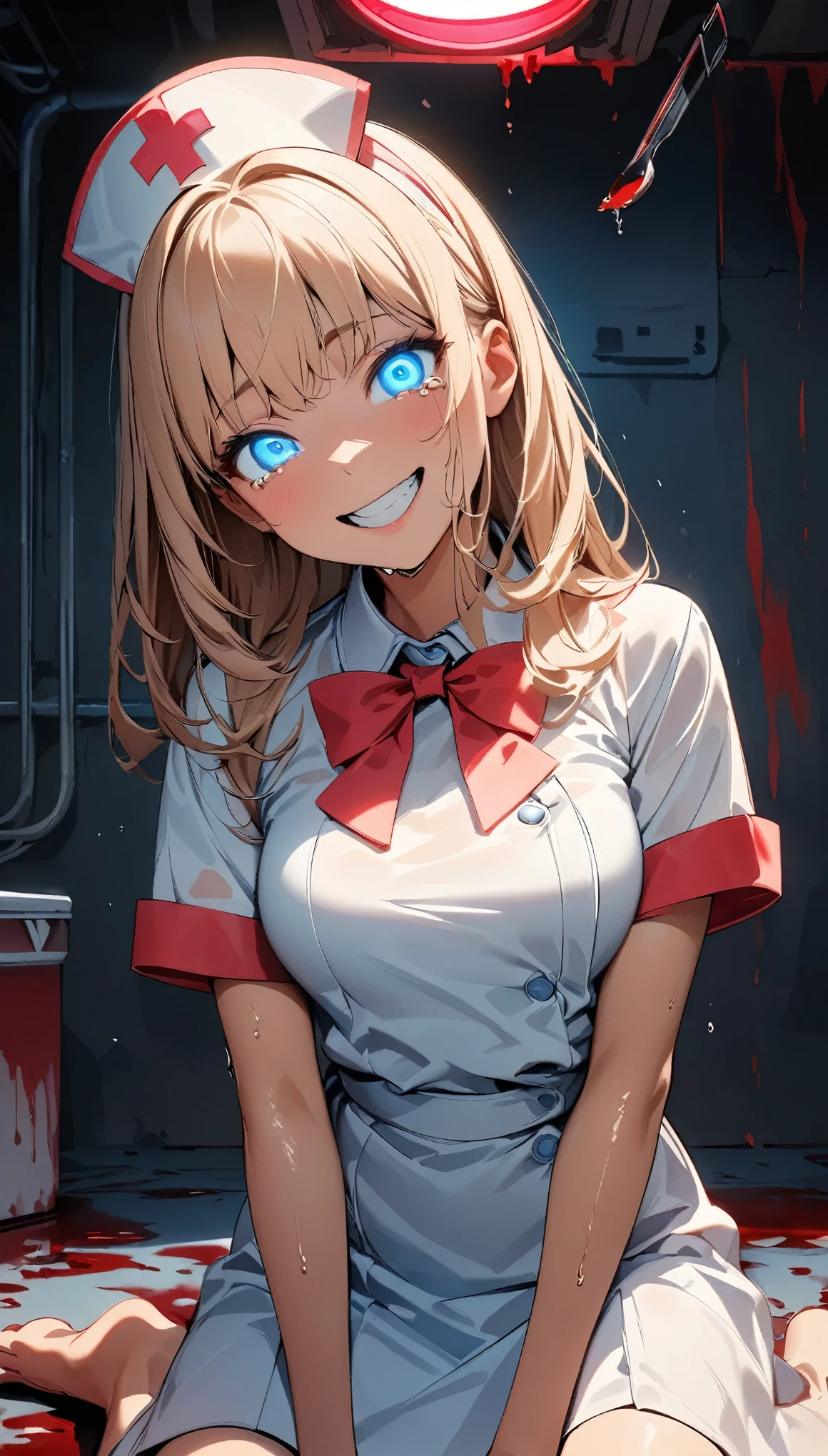 (Highest quality:1.2, Very detailed, up to date, Vibrant, Ultra-high resolution, High Contrast, masterpiece:1.2, Highest quality, Best aesthetics), (((1 girl))), View your audience, In-person audience, barefoot, One Girl, alone, Upper Body, bow, Nurse uniform, Nurse cap, Nurse Costume, Crazy Smile, At night, Isolation ward, Wet clothes, drenched, Scalpel, Tears of Blood, Bloodstain, Dark Room, Blood splattered on the ground, Red bright light, Glowing Eyes, Written boundary depth, Stand still, red lighting, atmosphere, Perfect hands