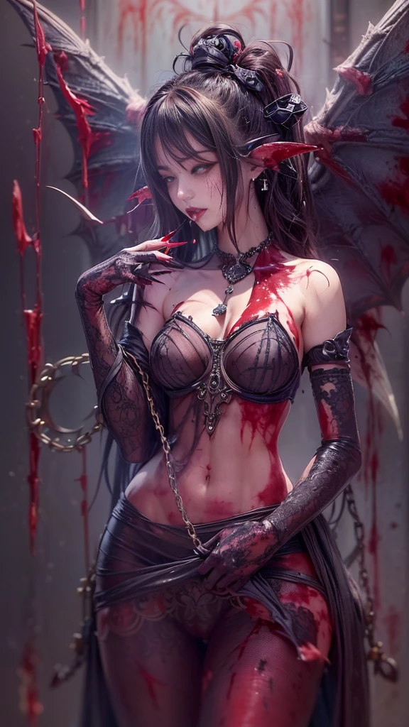 (32K:1.5, Dark fantasy:1.4, Highest quality, masterpiece, Ultra-high resolution), Perfect dynamic composition:1.3, Horror Portrait, chaos, Dark background:1.3, Prisoner, slave, Dark Demon World, (Detailed tattoos on the whole body:1.4, Wearing elaborate jewelry:1.4), Very detailedな肌と顔の質感:1.3, Very accurate, Very detailed, (Sexy succubus demon with big wings:1.3, Incredibly slim body:1.3, beautifully、beautiful:1.3), Horn, Fair skin, Sensual posture, ((Putting Badly Torn Clothing Back on Properly:1.3)), Medium chest, (Big eyes that exude beautiful eroticism:0.4, Feel the intense caress:1.0, Please open your mouth a little, lipstick, Feel the beautiful eroticism:0.9, Too sexy:0.9, charm的な:0.9), ((Covered in blood:1.5, Covered in scars:1.5, Physical pain:1.6, Lots of chains:1.6, Countless chains tangled in clothes:1.6, Chain your right arm:1.5, Chain the left arm:1.5, The right leg is bound with a shackle and chain:1.5, The left leg is bound with a shackle and chain:1.5)), Super long blonde curly hair, Earrings, necklace, bracelet, romantic, mysterious, elegant, Object of admiration, original, dramatic, artistic, Innovative, charm, Heartful, Fancy, sense of openness, sense of cleanliness, special, exciting, Extreme, Tilt, sense of loss, sorrow, sorrowの表現, ((大人のcharm, 女性的なcharm))