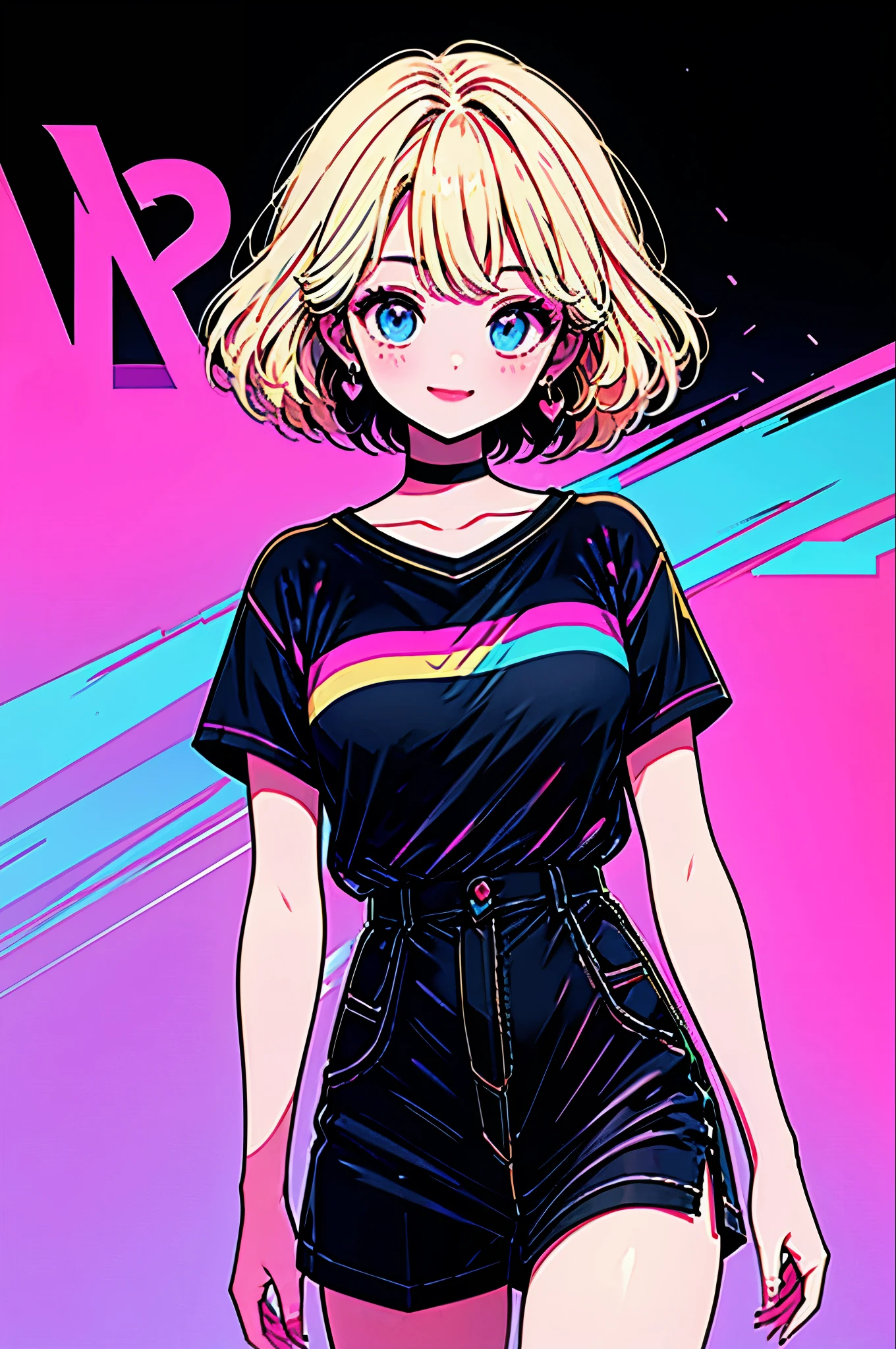 Highest quality,smile,woman,woman1人,cute,Short Bob,Blonde,Light blue eyes, Black T-shirt,Black shorts,Earrings,Black choker, Pink background,