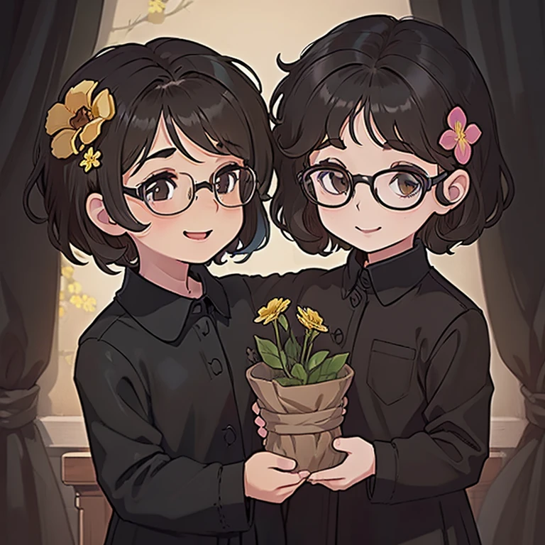 ((1 child:black clothes:1.2, short hair, slightly wavy hair:1.1, short brown hair:1.1, Glasses, Happy Look, flower on head))