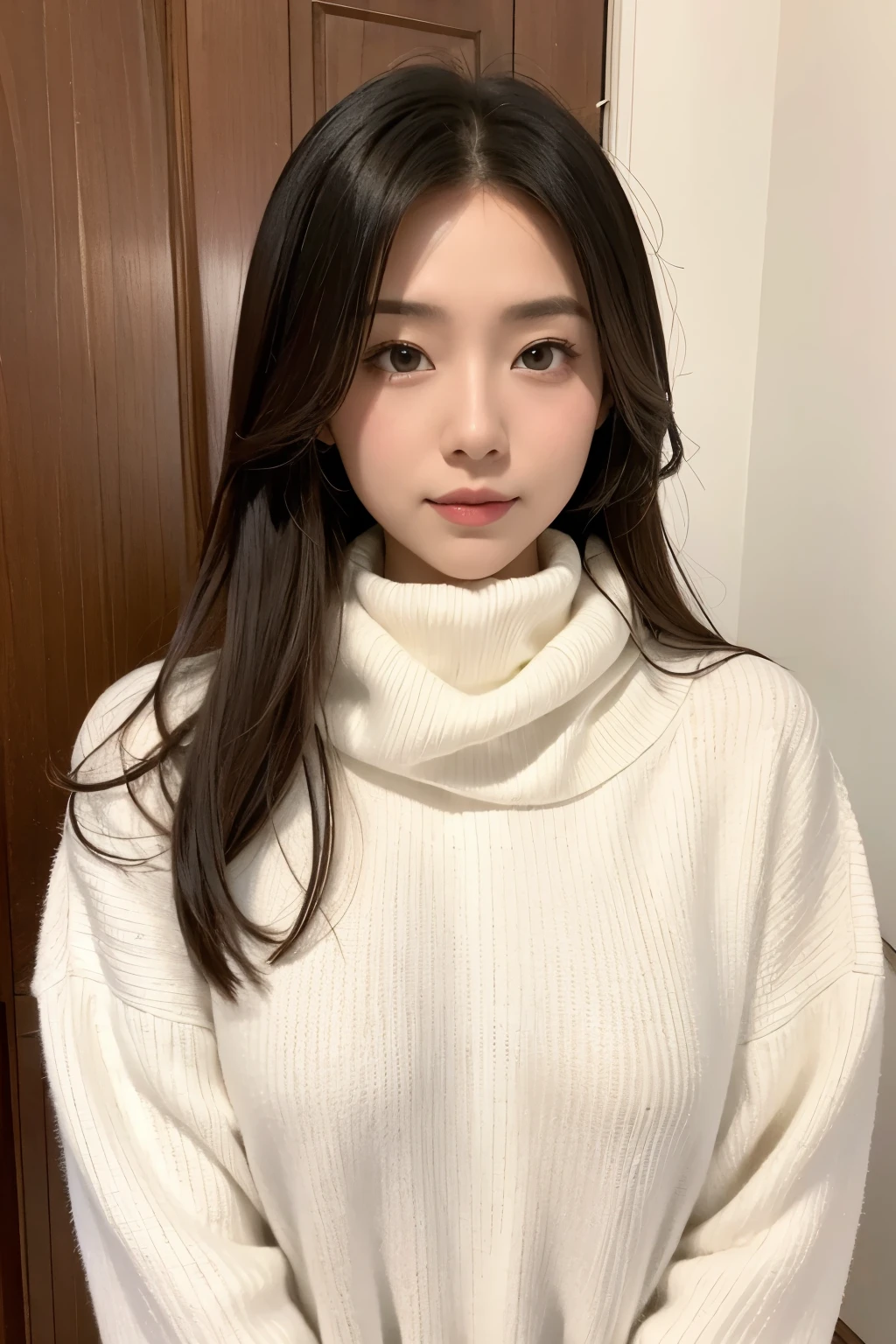 Adult woman with long hair wearing a white turtleneck。In the middle of getting dressed。Create the upper body